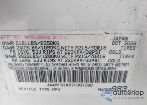 2007 Mitsubishi Outlander Ls z USA, uszkodzony, nr VIN JA4MT31XX7U007380